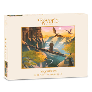 Dragon Riders | 1,000 Piece Jigsaw Puzzle featuring an illustration of two figures on a bridge looking at a castle and dragons in a mountainous landscape.