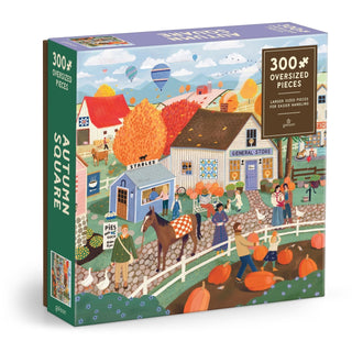 Experience the warmth and beauty of the season with Galison's Autumn Square | 300 Piece Jigsaw Puzzle. This vibrant puzzle features a lively fall village scene filled with people, animals, pumpkins, colorful foliage, and quaint shops—perfect for capturing the charm of autumn.
