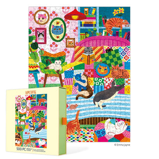 The WerkShoppe Cat Nap Stories 500 Piece Jigsaw Puzzle features a colorful, whimsical room full of cats—perfect for cozy cat puzzle lovers, and comes with a box displaying the vibrant illustration.