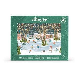 Enjoy quality time with the whole family with the Neighbourhood Rink 250 Piece Jigsaw Puzzle from Villager Puzzles, featuring a charming illustrated winter village scene complete with people ice skating, sledding, a snowman, twinkling festive lights, and snowy trees.