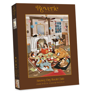Enjoy relaxing days with the Snowy Day Book Club 1,000 Piece Jigsaw Puzzle by Reverie Puzzles, featuring a charming illustrated room where a woman reads to cats and dogs—a delightful scene designed by Naoko Stoop.