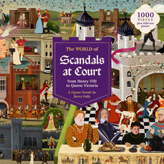 The World of Scandals At Court | 1,000 Piece Jigsaw Puzzle by Laurence King Publishing features royal court scenes and historical scandals, with artwork by Barry Falls—ideal for fans of intrigue and British history.
