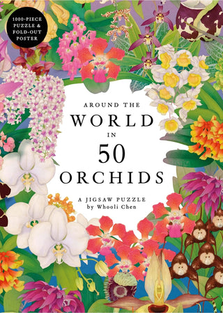 Colorful illustrated cover with various orchid flowers surrounds the title "Around the World in 50 Orchids | 1,000 Piece Jigsaw Puzzle," a botanical puzzle from Laurence King Publishing.
