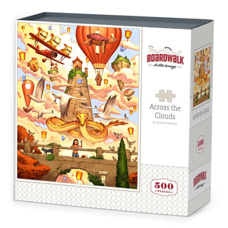 Discover the “Across the Clouds | 500 Piece Jigsaw Puzzle” by Boardwalk Puzzle Company, featuring whimsical artwork by Andrew Bosley with floating lanterns, a hot air balloon, a plane, and towers above the clouds—perfect for jigsaw puzzle enthusiasts.