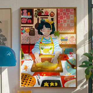 Mani in Pasta, a 500-piece jigsaw puzzle by StoPuzzle, features a vibrant kitchen scene with a person in an apron rolling dough amid baking ingredients and utensils—a charming Francesca Tudini design for your wall.