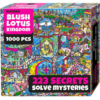The QUOKKA Blush Lotus Kingdom 1,000 Piece Jigsaw Puzzle features vibrant illustrations, hidden objects, and 223 secrets to solve—making it an ideal challenge for adult puzzle fans.