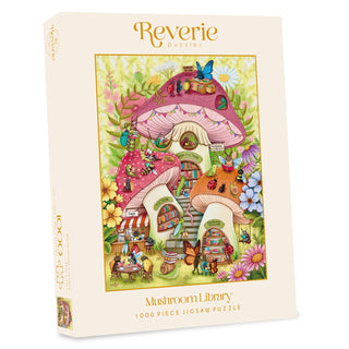 Explore the Mushroom Library | 1,000 Piece Jigsaw Puzzle by Reverie Puzzles, a whimsical scene of magical libraries inside mushrooms filled with books, plants, and cute animals.