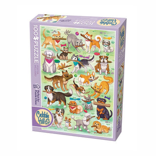 The Cobble Hill Fetch! 100-piece jigsaw puzzle features illustrated dogs and a fox playing on grass with flowers.