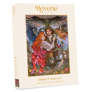 The Shield of Sparrows 1,000 Piece Jigsaw Puzzle by Reverie Puzzles showcases vibrant fantasy characters and mythical creatures in detailed artwork inspired by a romantasy novel on its box cover.