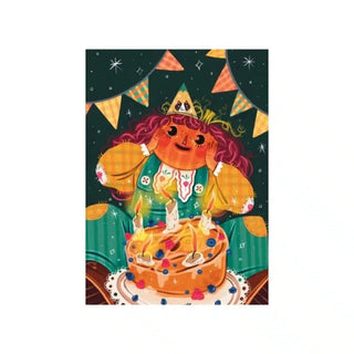 An illustrated person with purple hair and a party hat sits behind a birthday cake, surrounded by bunting and confetti—capturing the festive spirit of Trevell’s Pumpkin Girl | 99 Piece Jigsaw Puzzle.