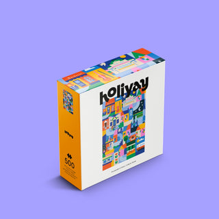 Isometric view of A Day in Vienna 500 Piece Jigsaw Puzzle box featuring a colorful, stylized illustration of Vienna, perfect for mindful puzzling.