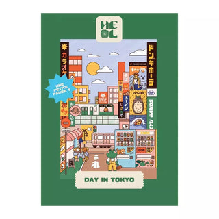 Day in Tokyo | 99 Piece Jigsaw Puzzle by Heol Editions features a vibrant Tokyo street with cartoon animals, buildings, and signs on a green background—ideal for fans of unique Tokyo puzzles seeking a fun and colorful challenge.
