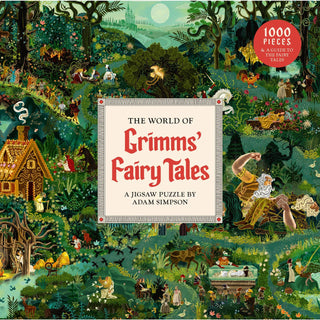The World of Grimms' Fairy Tales | 1,000 Piece Jigsaw Puzzle by Laurence King Publishing features a vibrant illustrated forest scene with fairy tale characters on the box.