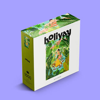 A 1,000-piece Green Juice jigsaw puzzle by Holiyay Puzzles, featuring a vibrant illustration of a woman and dog in a lush, tropical garden, set against a light purple background.