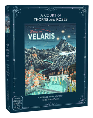 A Court of Thorns and Roses: Official Greetings from Velaris 1,000 piece jigsaw puzzle featuring a fantasy city with tall towers and a stone bridge set against a mountain range and night sky.