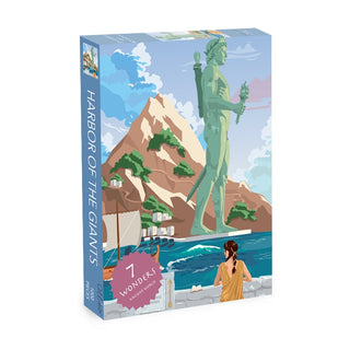 The Olleo Puzzles "Colossus of Rhodes: Harbor of the Giants" 1,000 piece jigsaw puzzle features the Colossus by the sea, a mountain behind, and a person in ancient attire admiring this ancient Greek wonder.