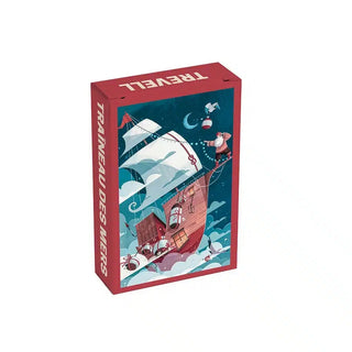 Delight in the festive season with Trevell’s Traîneau Des Mers | 99 Piece Jigsaw Puzzle. Housed in a vibrant red game box, this charming mini puzzle features an illustration of Santa Claus sailing among the clouds as he delivers gifts. The side of the box displays the TRAINEAU DES MERS text, making it a perfect holiday activity.