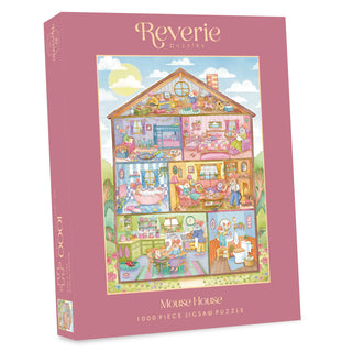 A Mouse House 1,000 Piece Jigsaw Puzzle box featuring an illustration of a dollhouse filled with anthropomorphic mice going about their daily routines.