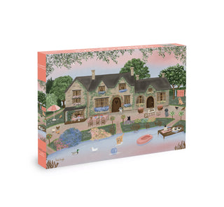 The Summer Cottage | 1,000 Piece Jigsaw Puzzle by Olleo Puzzles features a charming country house, garden, patio furniture, animals, and a pond under a pink sky—ideal for lovers of tranquil landscape scenes.