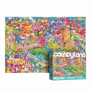 Colorful, detailed illustration of a whimsical candy-themed world as the Antelope Puzzle "Catndyland" 1,000 piece jigsaw puzzle, with its box displayed in front of the completed image—perfect for puzzle enthusiasts.