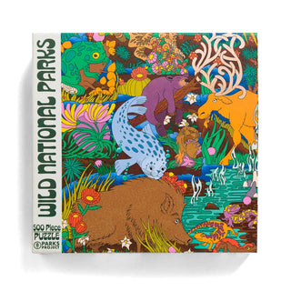 Square Wild Parks | 500 Piece Jigsaw Puzzle box featuring an illustrated forest scene with a wild boar, bear, moose, and seal, perfect for park conservation enthusiasts.