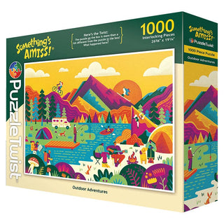 The PuzzleTwist Outdoor Adventures | 1000 Piece Jigsaw Puzzle showcases a vibrant nature scene with campers, hikers, boaters, and fishermen from the Something's Amiss series.
