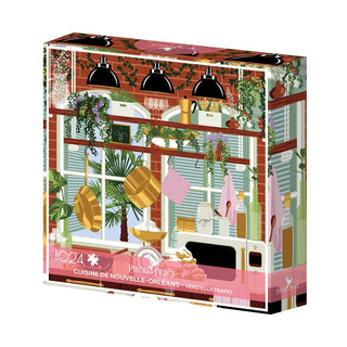 Cuisine De Nouvelle-Orleans is a 1,000-piece jigsaw puzzle by Pieces & Peace, featuring Vero Illustrates' vibrant New Orleans kitchen scene with plants, pots, and windows. Made in France.