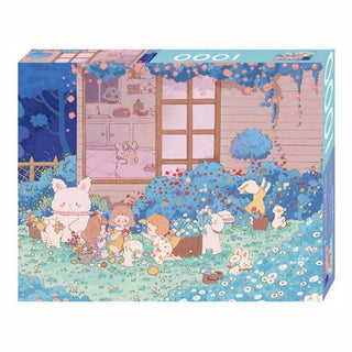 Enjoy “Pick Some Flowers,” a 1,000-piece jigsaw puzzle by Kors, featuring a pastel illustration of animals and children gathering flowers in a garden outside a house.