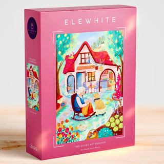 Elewhite’s The Quiet Afternoon is a 1,000-piece jigsaw puzzle featuring colorful artwork of an elderly woman and her dog relaxing outside a cottage, surrounded by flowers and trees.