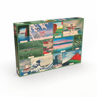 The Penny Puzzle Japanese Prints 1,000 Piece Jigsaw Puzzle features a rectangular collage of iconic woodblock prints—Mount Fuji, the Great Wave off Kanagawa, temples, and rural scenes—with captions under each image.