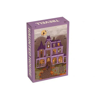 The Trevell Haunted House | 99 Piece Jigsaw Puzzle comes in a purple box adorned with artwork of a spooky mansion, pumpkins, tombstones, bare trees, and a full moon filled with bats—an ideal Halloween scene to assemble. Enjoy putting together this eerie mini puzzle from Trevell.