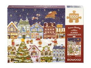The Robotime Puppies' Christmas Eve 1000-piece jigsaw puzzle features a festive town, decorated tree, and Santa’s sleigh. Perfect for adult puzzlers, its finished size is ideal for framing.