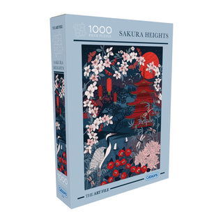 The Art File: Sakura Heights is a 1,000 piece jigsaw puzzle by Gibsons Games, showcasing cherry blossoms, a red pagoda, crane, and pond—made from quality recycled cardboard for eco-friendly fun.