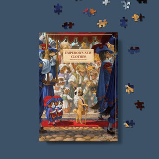 The Puzzle Theory’s Emperor's New Clothes | 1,000 Piece Jigsaw Puzzle features a whimsical animal parade illustration and scattered pieces on a blue background—a fairy tale puzzle perfect for all ages.