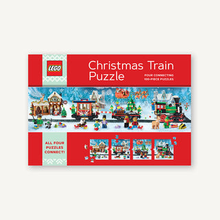 The LEGO Christmas Train by Chronicle Books features four 100-piece jigsaw puzzles with festive train and winter village scenes; all holiday puzzles connect for a delightful display.