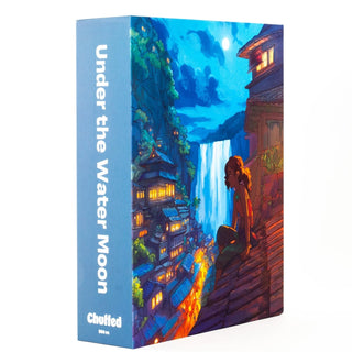 Under the Water Moon | 500 Piece Jigsaw Puzzle by Chuffed Puzzles features Naomi VanDoren’s art of a girl on a rooftop overlooking a glowing village, making it a perfect gift for puzzle and art lovers.