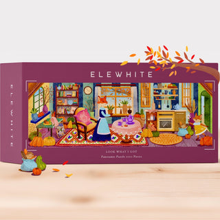 The Elewhite “Look What I Got” 1,000-piece jigsaw puzzle features original art of a cozy autumn room with animals, pumpkins, and a woman in a blue dress serving tea, all on premium puzzle board.