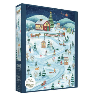 The 1canoe2 “Winter Slopes Snowy Scene” is a 1,000 piece jigsaw puzzle featuring a charming village in winter, with people ice skating and sledding, a horse-drawn sleigh, a decorated tree, and a Seasons Greetings banner.