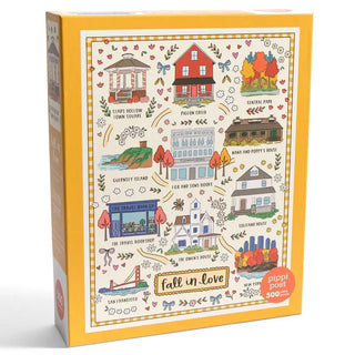 The Fall in Love Romance Stories 500 Piece Jigsaw Puzzle by Pippi Post features charming illustrations of buildings and landmarks inspired by Gilmore Girls, showcased within a yellow-bordered box that displays the phrase “fall in love” on the front—a perfect romance jigsaw puzzle or a thoughtful gift for fans of romantic books.