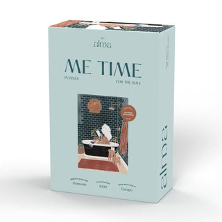 The Me Time | 1,000 Piece Jigsaw Puzzle by Alma Puzzles features an illustration of a person bathing with a dog in a green-tiled bathroom—a calming puzzle designed for self-care and relaxation.