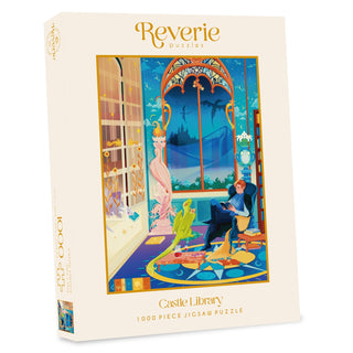 Discover the Castle Library | 1,000 Piece Jigsaw Puzzle by Reverie Puzzles, featuring a vibrant illustration of a person reading with their pets in a fantastical library. This romantasy puzzle is ideal for those who love enchanting adventures and magical settings.