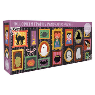 The Spooky Cute Halloween Frames 400 Piece Jigsaw Puzzle by Pippi Post features a panoramic box design with colorful cartoon portraits of spooky characters, animals, and objects in festive frames set against a black background—making it the perfect vibrant Halloween puzzle for fans of festive fun.