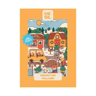 Colorful animal characters in a mountain village with houses, trees, car, and snowy mountains. The Heol Editions "Mountain Village | 99 Piece Jigsaw Puzzle" is made in France. Text on puzzle: MOUNTAIN VILLAGE.