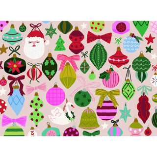 Puzzlefolk’s Ornaments Array 500 Piece Jigsaw Puzzle features colorful Christmas ornaments, bows, stars, and a white goose artfully arranged on a light background for a festive challenge.