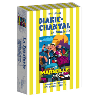 The "It's Marseille Grandma!" 1,000-piece jigsaw puzzle by Marie-Chantal comes in a yellow and white striped box featuring an illustrated group in a car, marked with “Marie-Chantal La Fuzzlerie” and “C'est Marseille Même!”, made in France.