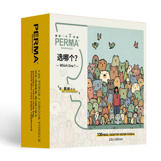 The PERMA Puzzle "Which One?" is a 130-piece jigsaw on Dutch chipboard, showing a person with cartoon animals and thoughtful English and Chinese text about relationships.