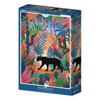 The Jungle | 500 Piece Jigsaw Puzzle by Pieces & Peace, made in France, showcases artwork by Sandy Ardissone depicting a black panther strolling through a vibrant illustrated jungle filled with plants, cacti, and butterflies.