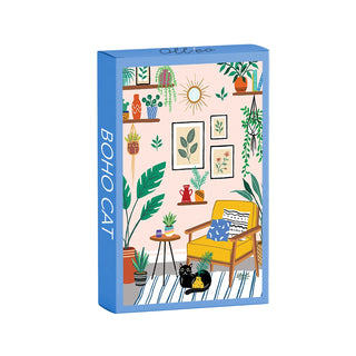 Add a touch of whimsy to your puzzle collection with Olleo Puzzles’ Boho Cat | 99 Piece Jigsaw Puzzle. This charming jigsaw features a vibrant boho-style living room scene, complete with lush plants, framed artwork, a cheerful yellow chair topped with plush cushions, a cozy side table, and a relaxed black cat lounging on the floor—making it the perfect cat-themed puzzle for relaxation and enjoyment.