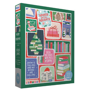 Delight any book lover this holiday season with the Merry Bookmas Stamps 500 Piece Jigsaw Puzzle from Pippi Post—a festive puzzle featuring cozy scenes of books, mugs, snow, and holiday decorations on a cheerful green background, perfect for gifting or enjoying yourself!.