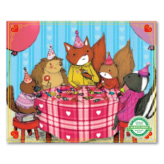 Whimsical illustration of four squirrels and a fox in party hats, surrounded by balloons—perfect for eeBoo's Animal Party | 36 Piece Jigsaw Puzzle for ages 3+.